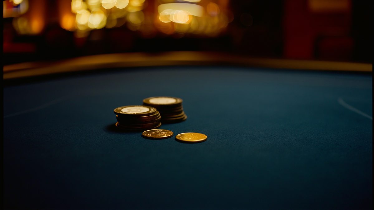 Goldene Münzen und Casino-Chips auf einem dunklen Spieltisch – Symbolbild für Krypto-Casinos